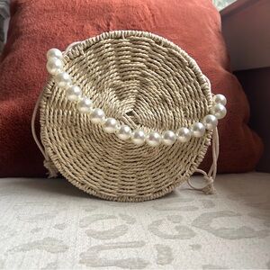 Beige Woven Round Bag with Detachable Pearl Handle